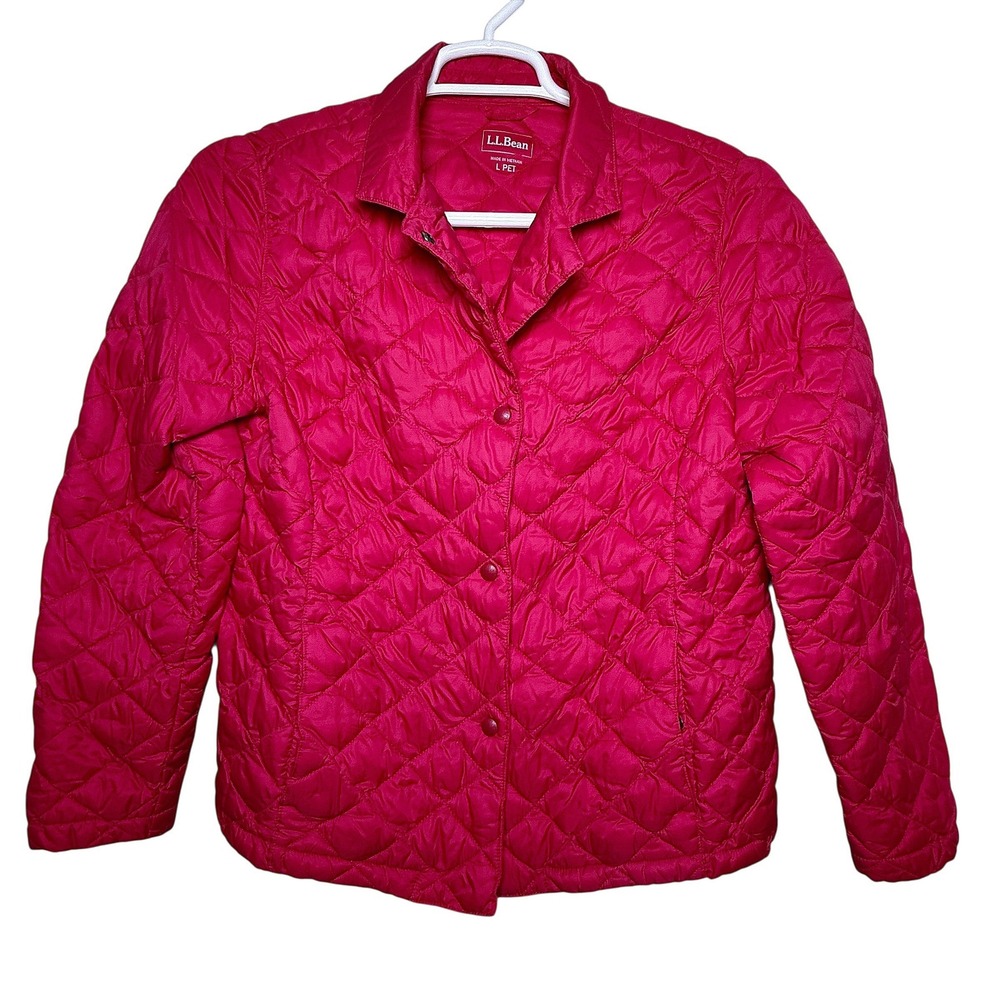 LL Bean Womens Quilted Jacket Pink Button Front Collared Diamond Stitch L Petite